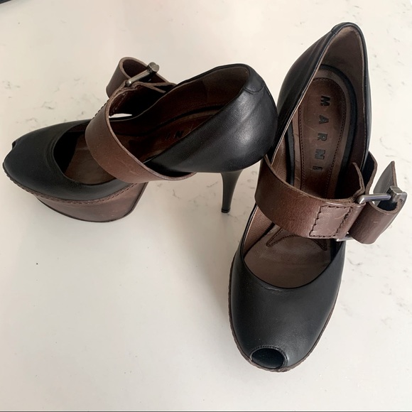 MARNI (Authentic!!) Black/Brown Leather Mary Jane Peep Toe Platform Heels - Picture 3 of 6